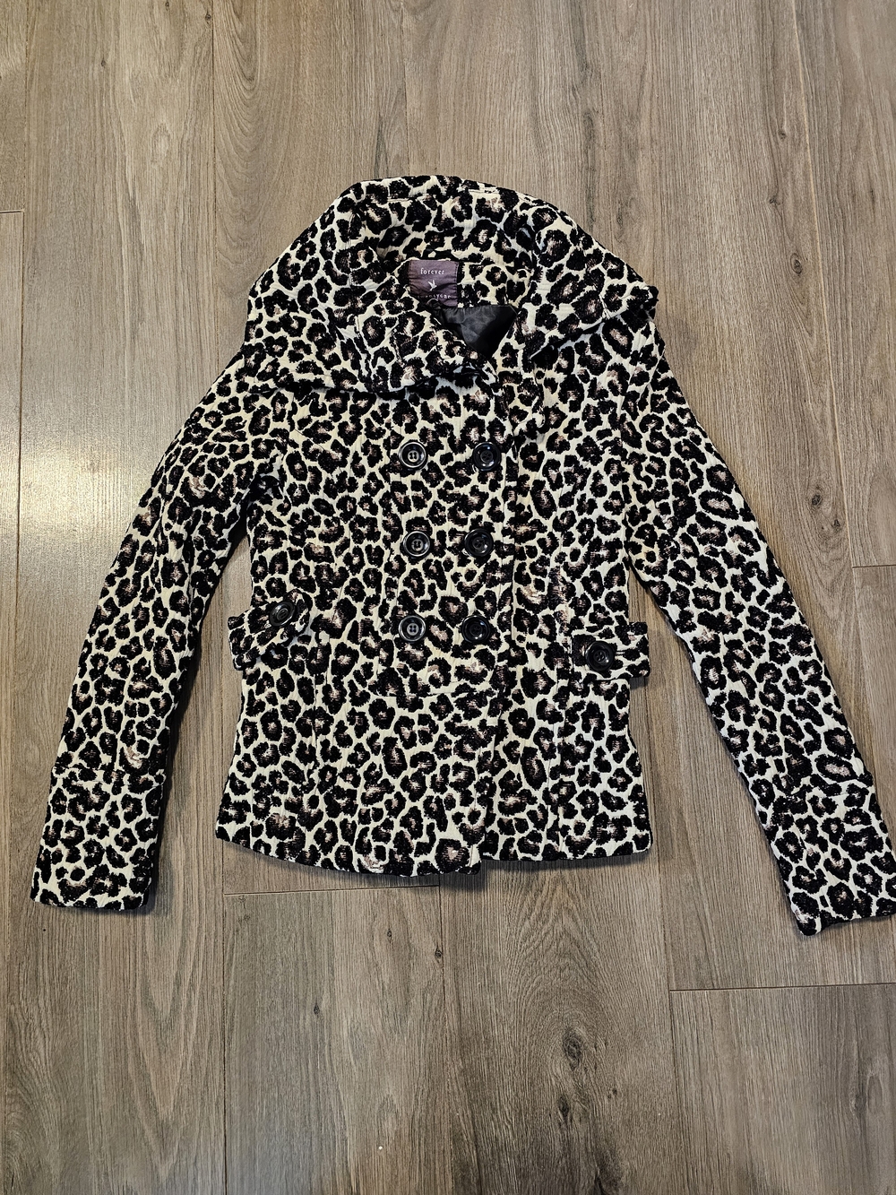 Forever 21 Women's Leopard Print Double-Breasted Jacket - Black & Cream - Size S